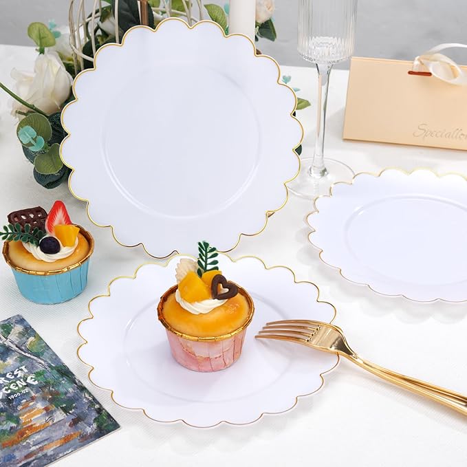 SUT 72Pcs Plastic Plates-7.5inch White Dessert Plates with Gold Trim, White Disposable Plates, Disposable Plates,Fancy Plastic Plates, Heavy Duty Plastic Plates for Parties