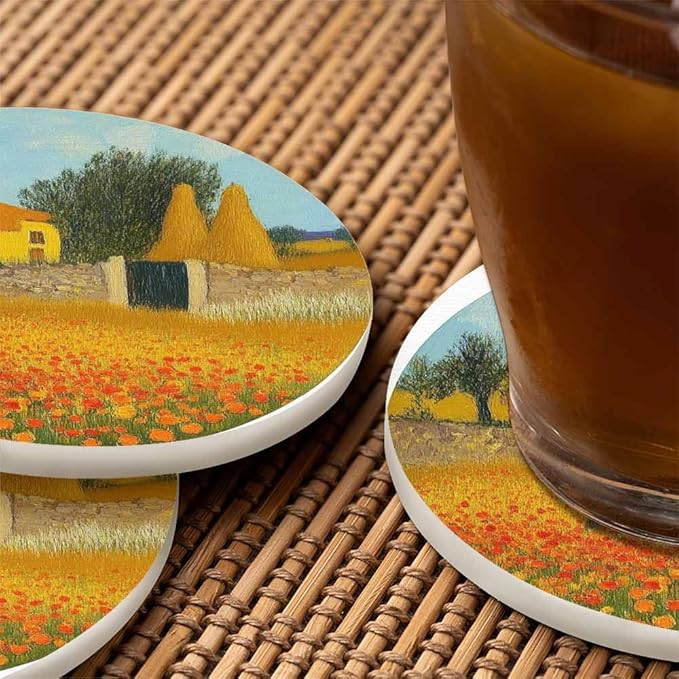Farmhouse Coasters for Drinks 2 Pack Harvest Season Oil Painting House Farm Village Life with Sunflower Tabletop Protection Kitchen and Coffee Table Décor & Accessories,Set of 2