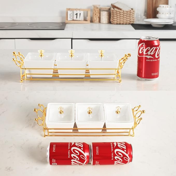 YA JU Ceramic Bowls and with Lid Gold Basket Trays, 3 Removable Small Bowls Condiment Trays Nut Serving Set for Snacks, Fruits, Candy and Condiments - Great for Parties, Holiday Gifts, White