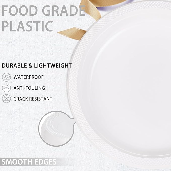 WELLIFE White Plastic Plates 10 Inch -150 Count for Party, Disposable Plastic Party Plates for New Year Wedding Dinner Birthday Engagement