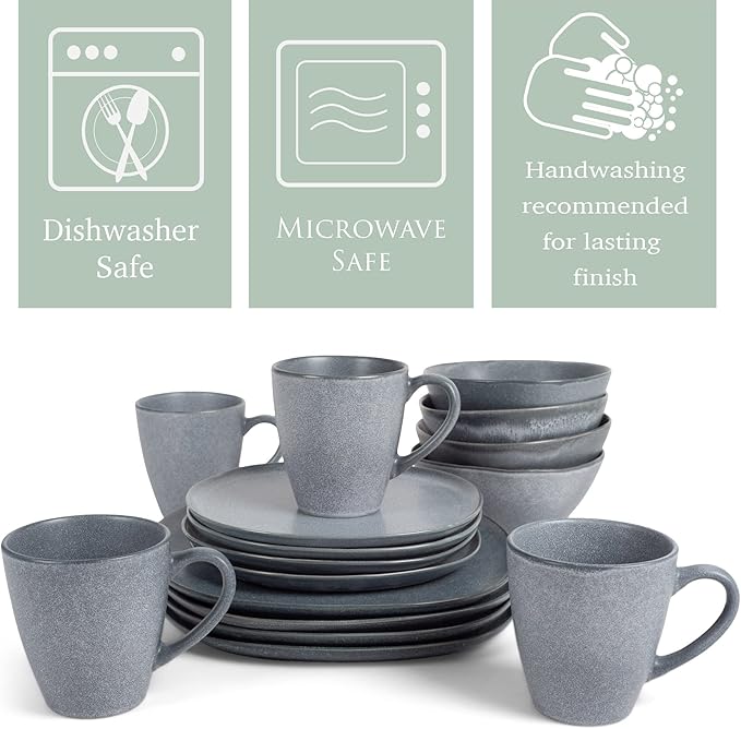 Elanze Designs 16-Piece Modern Luxury Chic Smooth Vintage Handmade Shape Matte Finish Ceramic Stoneware Square Plate Mug & Bowl Kitchen Dinnerware 16 Piece Set - Service for 4, Slate Grey