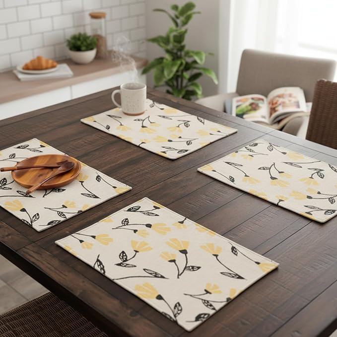 DaDa Bedding Yellow Fleur Floral Botanical Dining Table Placemats - Set of 4-Pieces Tapestry Spring Time Golden Orange Floral Garden Design - Decorative Cotton Linen Woven Kitchen Mats - 13” x 19”