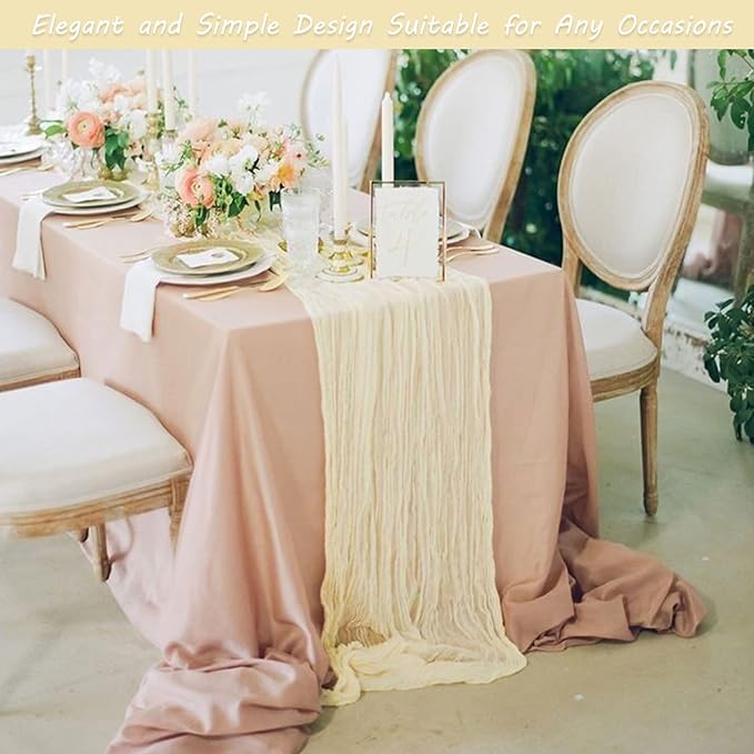 Fivenl 12 Pack Cheesecloth Table Runner 35x72 Inch Boho Gauze Table Runner Rustic Cheese Cloth Long Table Runner Romantic Table Runner for Wedding Bridal Shower Birthday Party Table Decor (Beige)