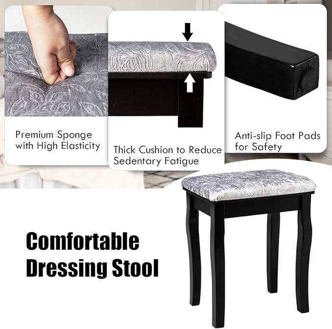 DORTALA Vanity Table Set w/ 360-Degree Rectangular Mirror & Cushioned Stool, Makeup Table w/ 10 LED Dimmable Bulbs, Bedroom Wood Dressing Table w/ 5 Drawers & Removable Box Organizer, Black