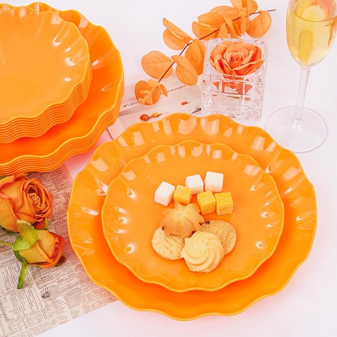 LIYH 24 Pcs Orange Plastic Plates Reusable Orange Plates Scalloped Plastic Plate for Holiday Party Dishwasher Safe Sturdy Reusable (12 Guests) Suitable for Holiday Gatherings