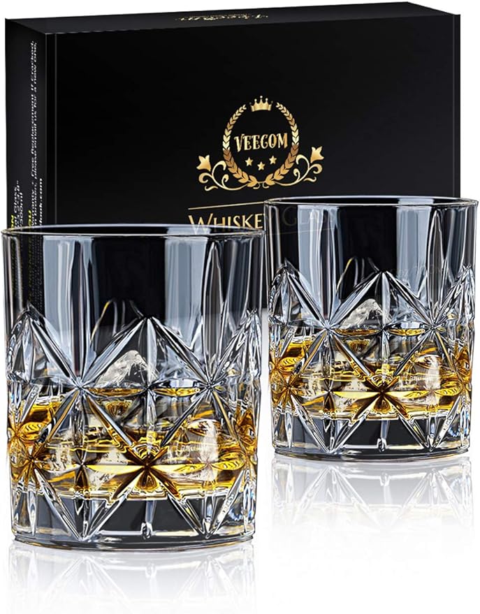Whiskey Glass Set of 2, 10 oz Crystal Whiskey Glasses Thick Bottom Bourbon Gifts for Men, Old Fashioned Rocks Glasses Tumbler for Scotch, Cocktail, Father's Day Gifts for Men (Glass Set 2)