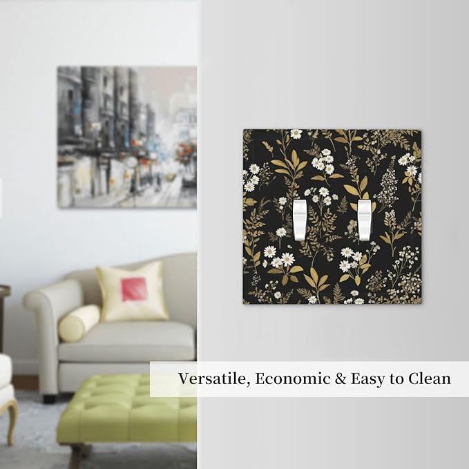 Decorative Light Switch Cover Black/Gold Boho Botanical Floral Rustic Flowers 2 Gang Wall Plate Double Toggle Switch Plate Receptacle Electrical Outlet Cover Switchplate for Bathroom Kitchen（2 Pack）