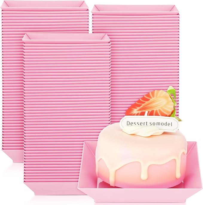 Zhehao 100 Pcs Plastic Dessert Appetizer Plates Disposable, 3.6 x 3.6 Inch Small Square Plastic Dessert Cake Plate for Party, Valentine's Day Wedding Birthday Bridal Baby Shower Supplies (Pink)