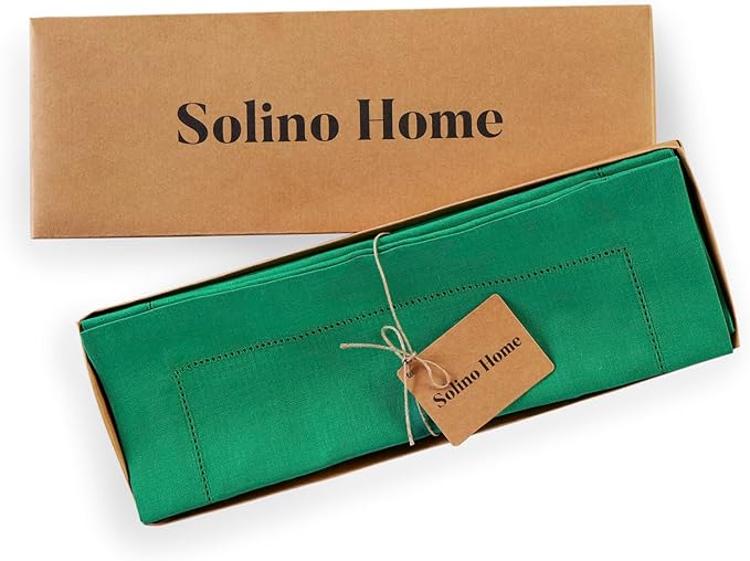 Solino Home Linen Cloth Placemats Set of 4-100% Pure Linen Hemstitch Emerald Green Placemats 14 x 19 Inch - Classic Hemstitch Table Place Mats for St Patricks Day
