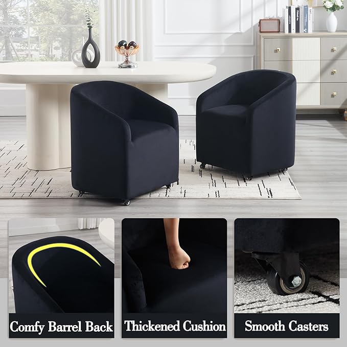 Modern Barrel Dining Chairs with Rolling Casters Set of 2, Upholstered Velvet Swivel Dining Room Chairs with Wheels for Kitchen Living Room Home Office, Black