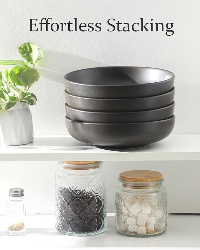 Ceramic Pasta Bowls, 34 oz Large Serving Bowls Set of 2, Stoneware Dinner Bowls for Pasta, Soup, Salad, Deep Pasta Plates for Housewarming Gift, Microwave & Dishwasher Safe, Matte Black