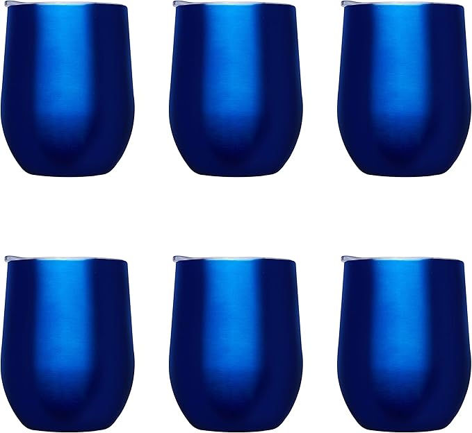 DISCOUNT PROMOS Stemless Wine Glass Tumblers with Lids by Largo 11 oz. Set of 6, Bulk Pack - Perfect for Wine, Cocktails, Other Hot & Cold Beverages - Blue
