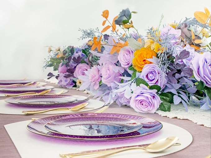 Hioasis 60pcs Purple Plastic Plates - Gold Rimmed Disposable, Hammered, Heavy-duty Dinnerware Set Suitable for 30 Guests, 10.25" Dinner & 7.5" Dessert Plates for Party & Wedding