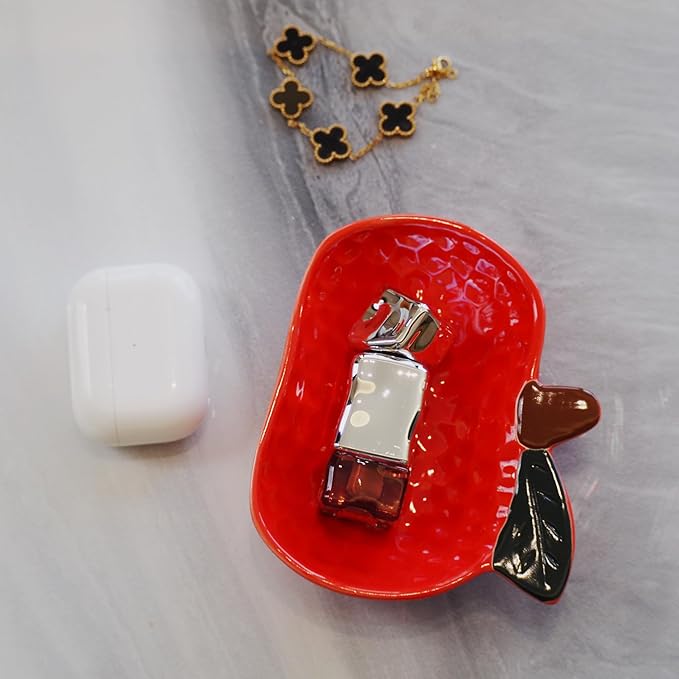 Ceramic Jewelry Tray, Apple Shaped Trinket Dish, Jewelry Organizer, Ring Holder, Decorative Bowl for Rings Earrings Necklaces Bracelet Jewelry Watch Keys, Gift for Sisters Daughter (Apple)