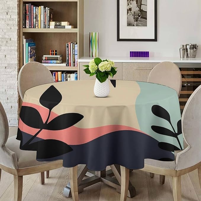 Medieval Bohemian Abstract Round Tablecloth, Mid Century Modern Leaves Geometric Tablecloth for Home Party Dining Room Kitchen Decor 50Inch(127cm)