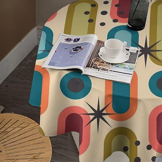 Mid Century Bohemian Round Tablecloth, Modern Medieval Geometric Abstract Print Tablecloth for Home Party Dining Room Kitchen Decor 60Inch(152cm)