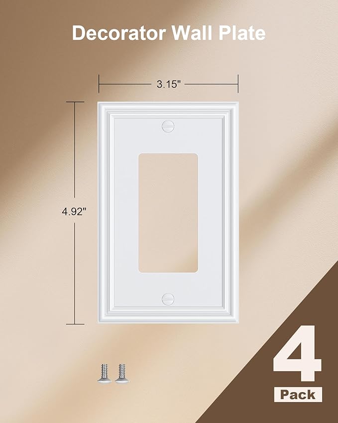 4-Pack Decorator Outlet Cover Plate, Pure White Decorative Switch Plates and Outlet Covers, Durable Zinc Alloy Wall Plates for Electrical Outlets, Receptacle, GFCI Outlet, Dimmer Switch