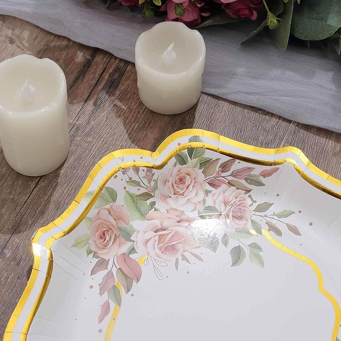 50 Pack 10" White/Gold Floral Print Scallop Rim Dinner Plates, Disposable Round Paper Party Plates 300 GSM for Festive Table Decoration