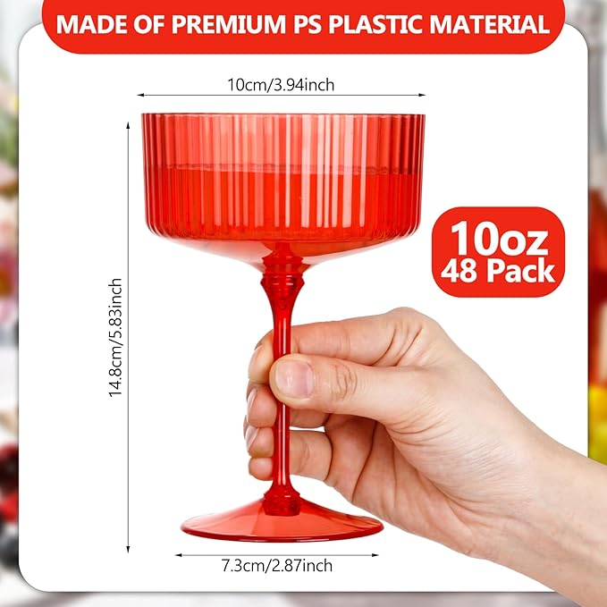 48 Pcs Ribbed Martini Glasses 10 oz Disposable Plastic Vintage Ribbed Coupe Glasses Unbreakable Dessert Parfait Glassware for Wedding Birthday Party Supplies (Red)