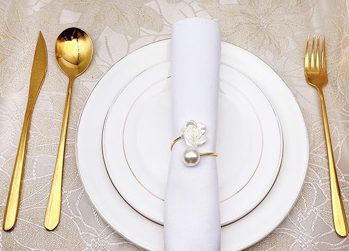 12Pcs Napkin Rings Pearl Napkin Holder Rose Napkin Buckles for Wedding Banquet Home Party Kitchen Decor Festival Dinning Table Decor