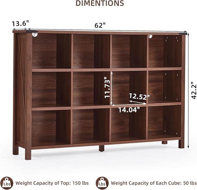 12 Cube Storage Organizer, Farmhouse 62 Inch Wide Brown Walnut Display Bookshelf, Wooden 3 Tier Large Open Book Shelf, Vintage Bookcase for Home Office, Cubby Cabinet for Living Room, Office