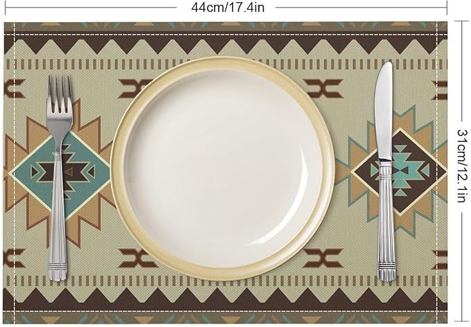 Southwestern Native Aztec Print Placemats Rustic Tribal Geometric Decorative Table Mat Antique Native Heat Resistant Place Mats for Dining Kitchen Party Holiday Decor 12x18Inch Set of 6