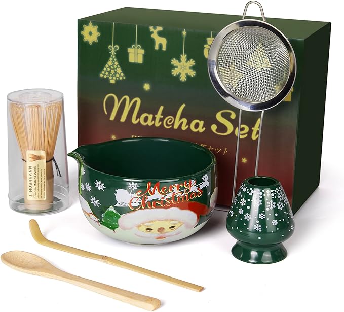 Christmas Gifts Matcha Whisk Set, Ceramic Matcha Set Includes Bowl & Holder, Bamboo Whisk (Chasen), Scoop, Spoon and Sifter, 6PCS Matcha Kit Covers Everything Needed for Making Matcha
