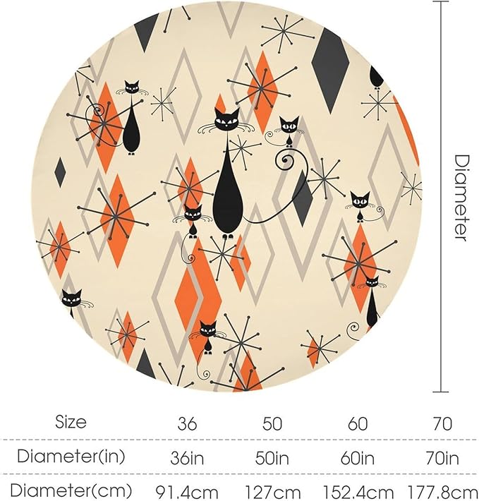 Retro Boho Modern Black Cat Round Tablecloth, Mid Century Boho Moon Abstract Geometric Leaf 50s 60s Style Tablecloth for Home Party Dining Room Kitchen Decor 70Inch(178cm)