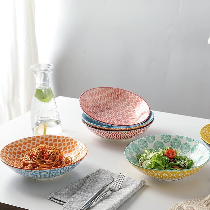 Selamica Porcelain 40oz Large Bowls 9 inch Big Pasta Salad Bowls, Microwave and Oven Safe, Colorful, Set of 6