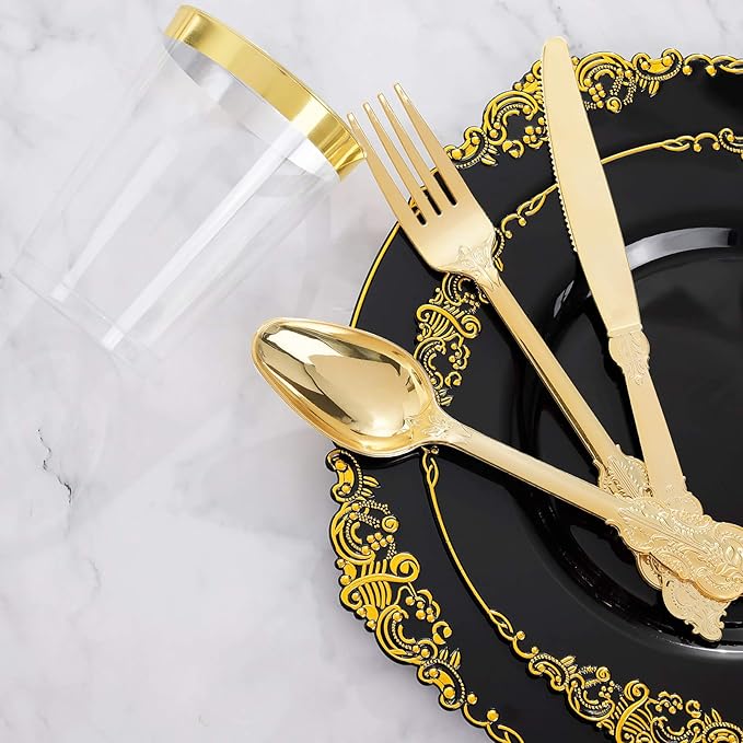 Hioasis 175pcs Black and Gold Plates - Black Party Plates for 25 Guest, Include 50 Heavy-duty Plates(20% Thicker Than Standard), 75 Cutlery Set, 25 Napkin, 25 Cups