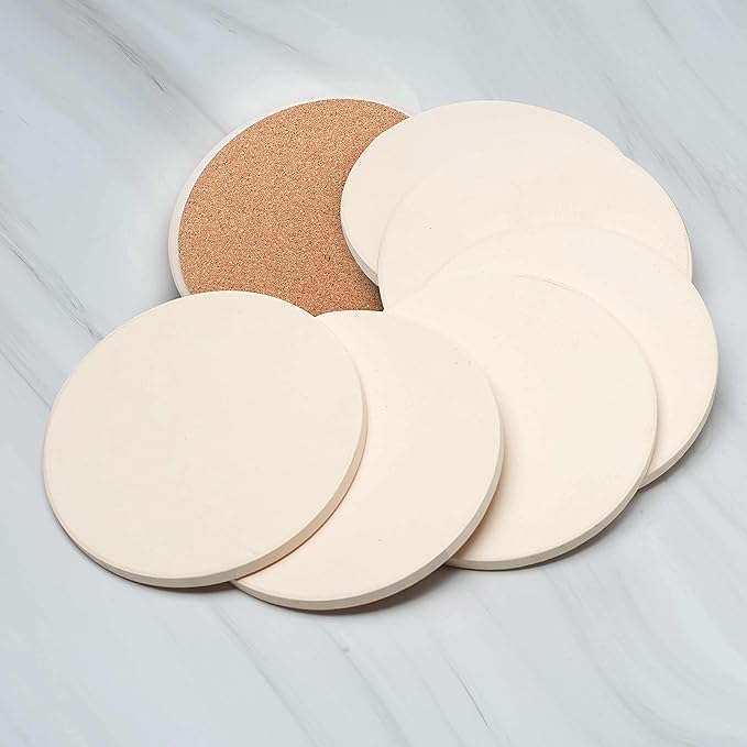 DISCOUNT PROMOS Ceramic Coasters Set of 10, Bulk Pack - 4 Inches with Cork Bottom Pad, Perfect for Hotel, Bar, Restaurant - Natural