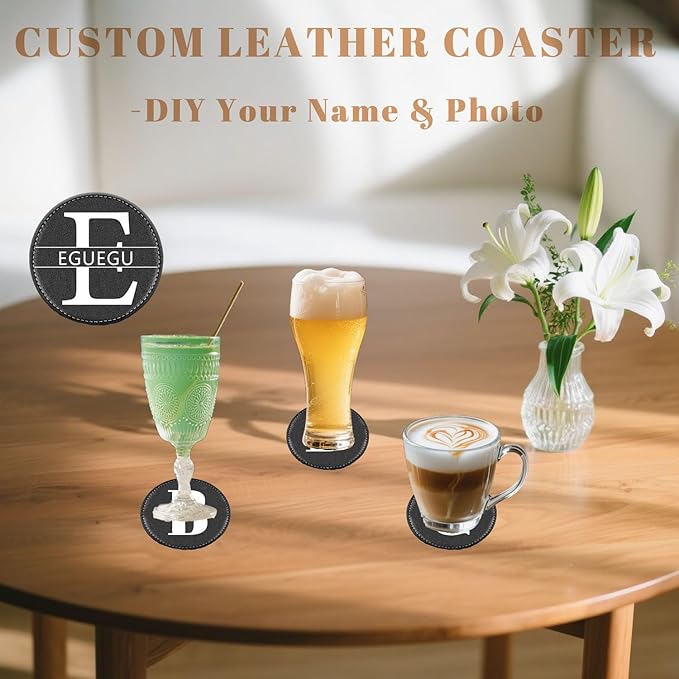 Personalized Coasters, Custom Set of 6 Leather Coaster for Drinks with Holder, DIY Customized Name, Logo, Text，Non-Slip, Heat Resistant, Waterproof for Coffee Table Bar Wine Cup Housewarming