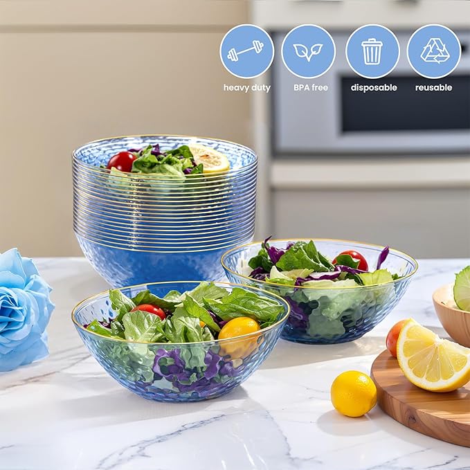 I00000 20 Pack 12 Ounce Blue Plastic Bowls Hammered Gold Rimmed Crystal Like, Heavy duty Disposable Bowl Set,Elegant Soup/Salad/Dessert/Ice Cream Bowls For Party, Weddings, Catering