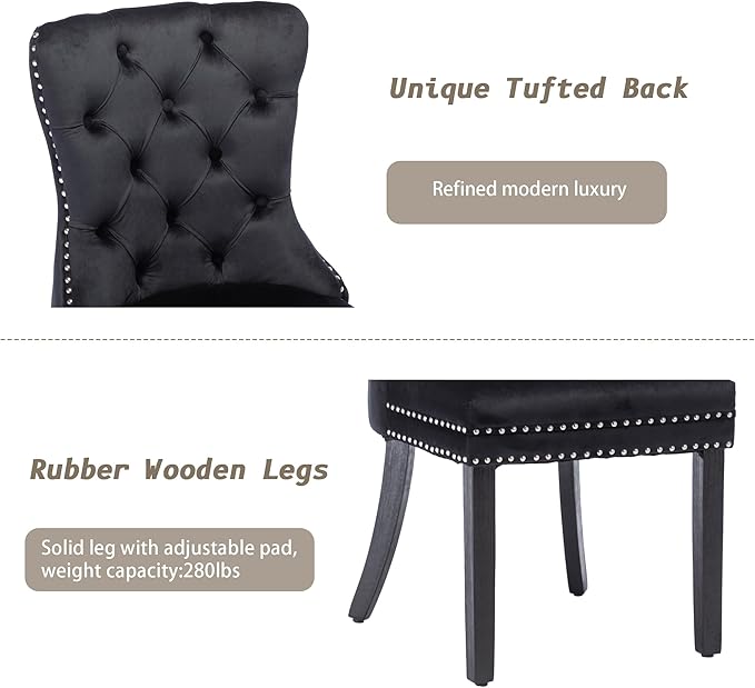 KCC Velvet Dining Chairs Set of 2, Upholstered High-end Tufted Dining Room Chair with Nailhead Back Ring Pull Trim Solid Wood Legs, Nikki Collection Modern Style for Kitchen, Black