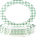 Grencian 50 Pcs Gingham Party Supplies 10"x12" Large Sage Green Gingham Oval Plates Disposable Heavy Duty Green and White Checkered Plaid Paper Plates for Baby Shower Picnic BBQ Birthday Wedding Bride