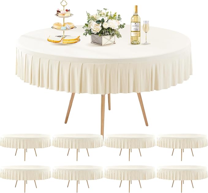 8 Pack Ivory Spandex Round Tablecloths for 60 inch Tables, Stretchy Fitted 5FT Round Table Cloths with Skirt for Wedding Party Dining Banquet