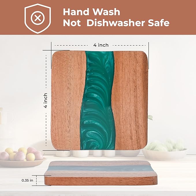Rustic Wood Coasters Set of 4, Epoxy Resin, 4x4 Inches, With Holder