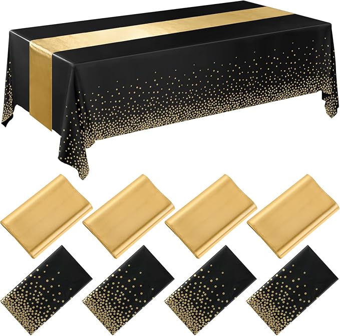 Breling 8 Pack New Year Black and Gold Disposable Plastic Tablecloths and Satin Table Runner Set, 54 x 108 Inch Tablecloth, 12 x 108 Inch Table Runners for Wedding Graduation Birthday Baby Shower