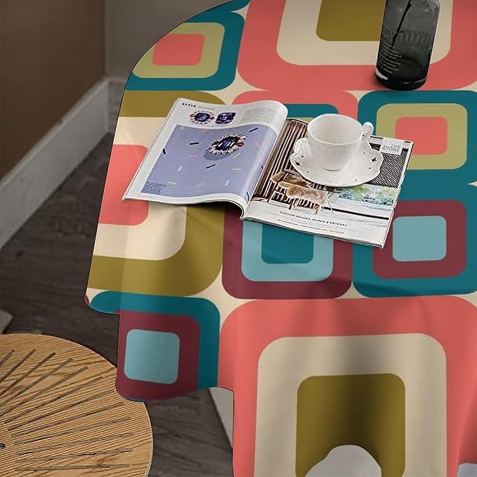 Abstract Geometric Round Tablecloth, Mid Century Modern Middle Century Abstract Patterns Print Tablecloth for Home Party Dining Room Kitchen Decor 50Inch(127cm)