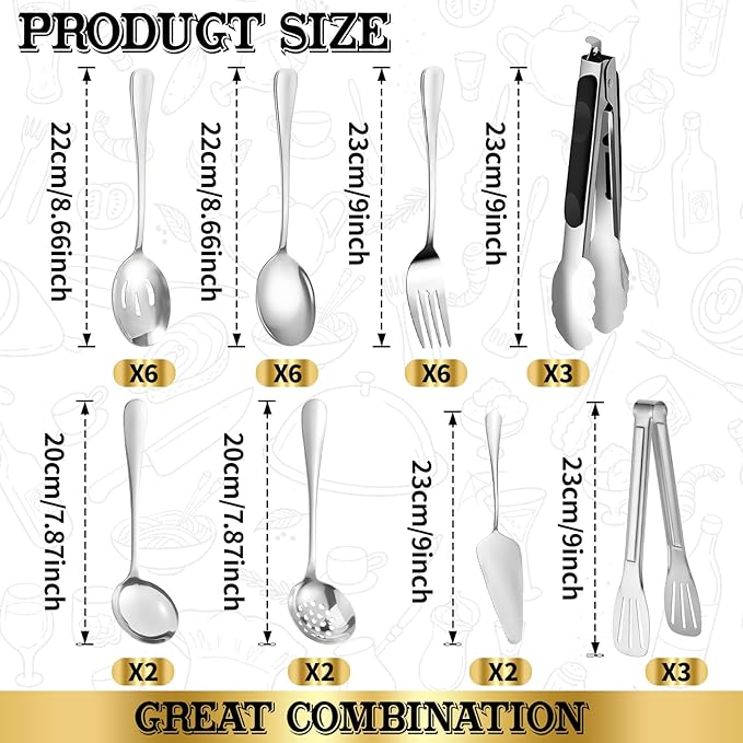 30pcs Stainless Steel Serving Utensils Set for Parties& Buffets, Catering, Banquets, Weddings and Events (Silver)