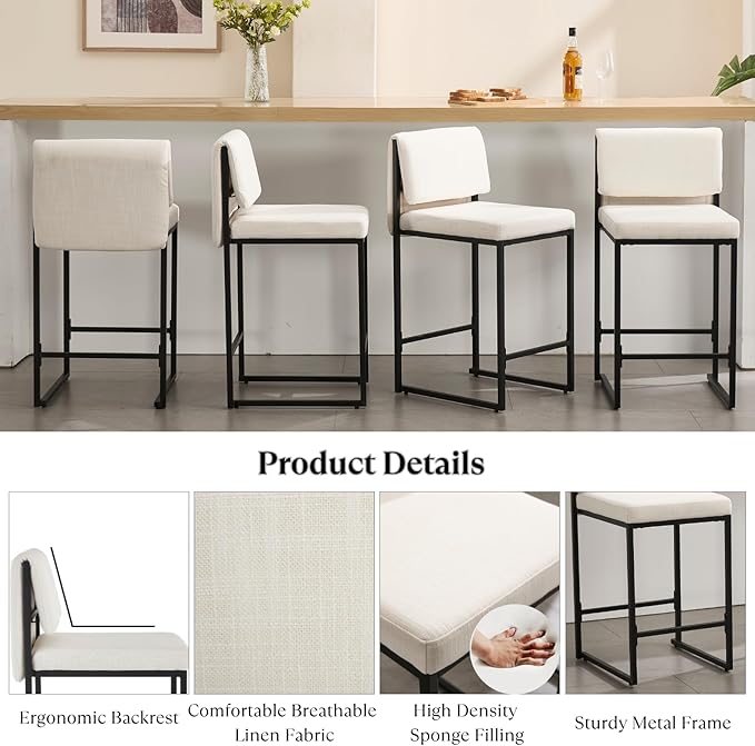 Modern Barstools Set of 4, 26” Upholstered Counter Height Bar Stools Linen Fabric Counter Stools with Padded Back Metal Frame for Kitchen Island Dining Room, Beige