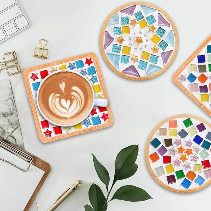 Adboros 10 Sets DIY Glass Mosaic Tiles for Crafts Mixed Color Mosaic Kits with Wooden Coaster for Adults Bamboo Coaster for Drinks Tray Handmade Home Decoration