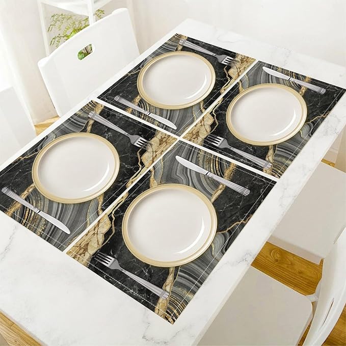 Marble Linen Placemats Set of 2, 12x17 Inch Modern Abstract Foil Stone Texture Black Gold Grey Marble Table Mats Washable Fabric Place for Party Kitchen Wedding Dining Banquets Decor