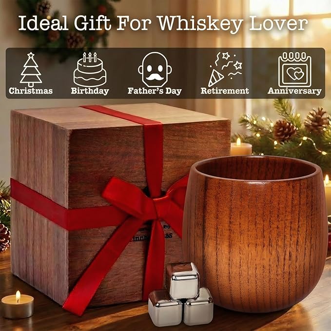Wooden Whiskey Glass Set – Durable Bourbon Glass for Men, Insulated Old Fashioned Glass – Whiskey Gifts for Husband, Dad, Brother – Birthday, Christmas, Father’s Day, Retirement