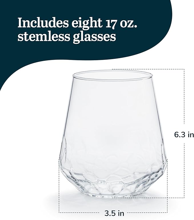 Libbey Hammered Stemless Wine Glasses Set of 8, 17-ounce, Dishwasher-Safe, Chiseled Textured Glassware Set, All Purpose Wine Glasses for Everyday Use