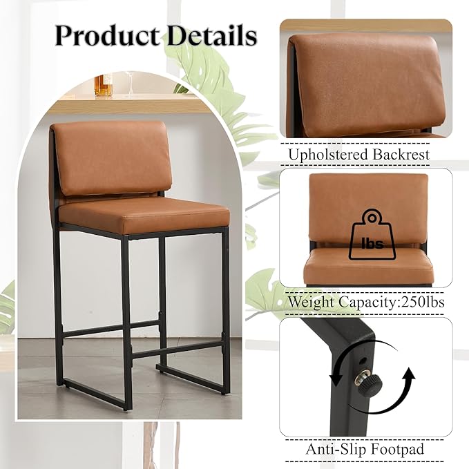 Modern Barstools Set of 2, 26” Upholstered Counter Height Bar Stools PU Leather Fabric Counter Stools with Padded Back Metal Frame for Kitchen Island Dining Room, Brown