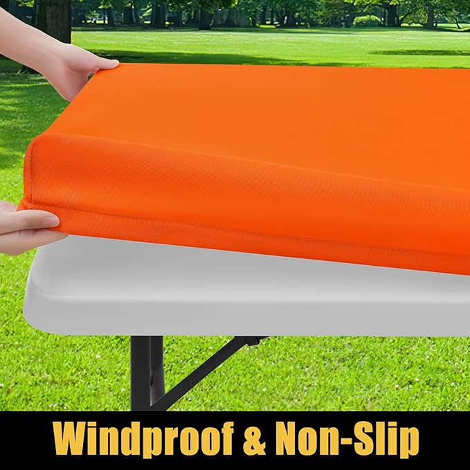 Smiry Rectangle Picnic Table Cloth, Waterproof Elastic Fitted Tablecloths for 8 Foot Tables, Washable Polyester Table Cover for Camping, Indoor and Outdoor (Orange, 30"x96")