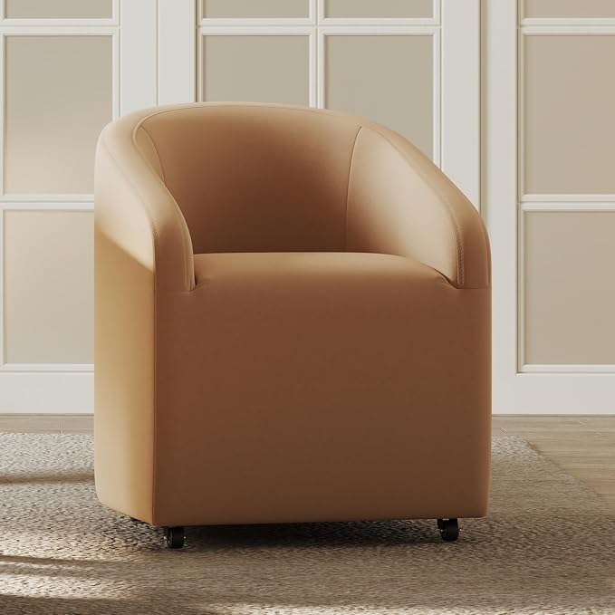 Modern Barrel Dining Chair with Rolling Casters, Upholstered Velvet Swivel Dining Room Chair with Wheels for Kitchen Living Room Home Office, Khaki