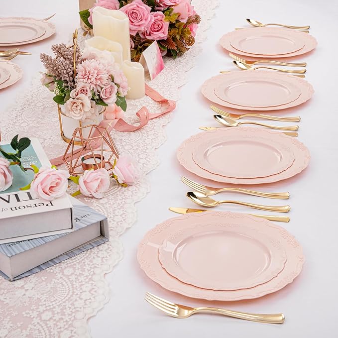 U-QE 100PCS Mauve Pink Plastic Plates for Party - Plastic Party Plates Disposable Heavy Duty - Pink Valentines Plates for Valentine's Day Including 50PCS 10.25'' Dinner Plates&50PCS 7.5'' Pink Plates