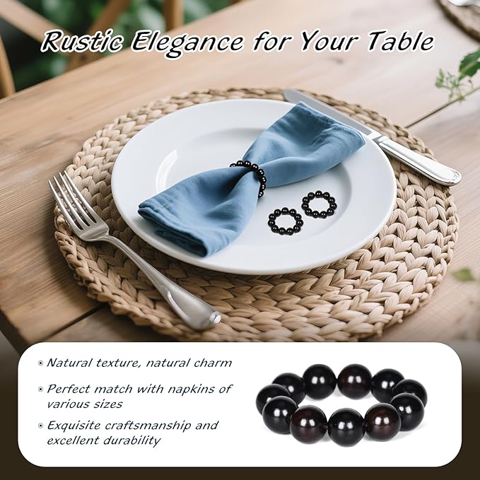 Napkin Rings Set of 12，Farmhouse Stretchable Wooden Bead Reusable Cloth Napkin Holders for Wedding, Christmas, Graduation & Dinner Parties Black Napkin Ring (12)